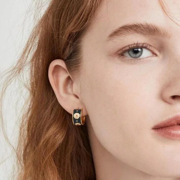 New Enamel & gold navy floral small hoops - Picture 2 of 4